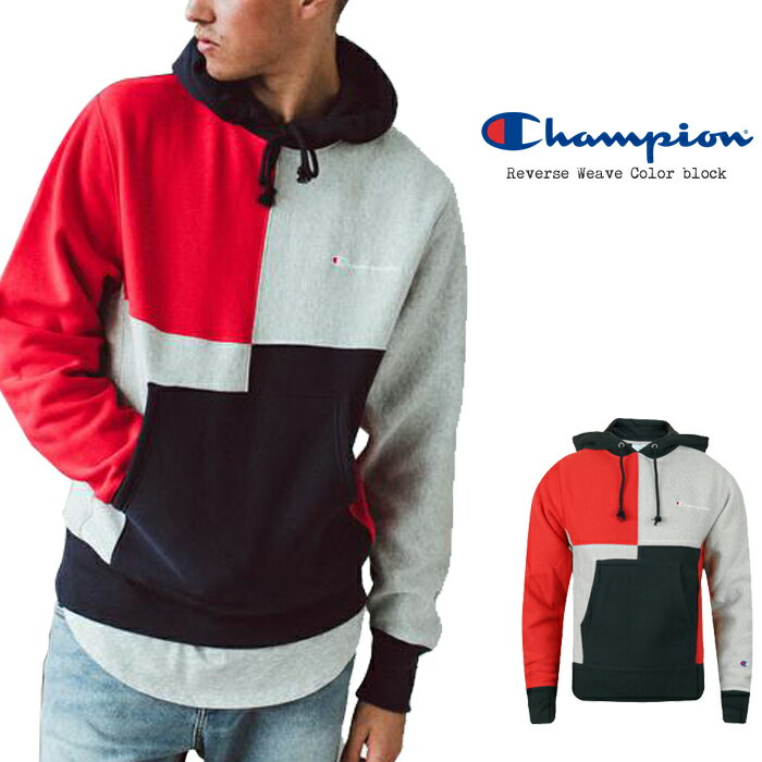 チャンピオン パーカー メンズ [残りわずか/Sサイズのみ]チャンピオン パーカー プルオーバー フーディー Champion Reverse Weave Color block Pullover Hood S3370 Oxford Gray BLOCK COLOR Red Navy リバースウィーブ カラーブロック プルオーバー スウェット 秋冬 メンズ 男性 USA企画