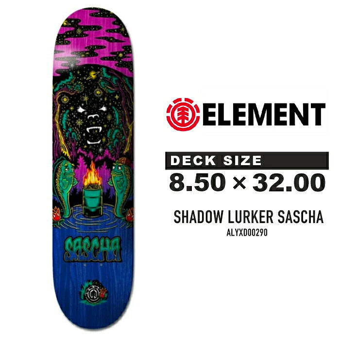 【ブランド紹介】 ■ ELEMENT ELEMENT（エレメント）は、1992年にニューディールのセカンドブランドとして、JOHNNY SCHILLEREFF（ジョニー・シラレフ）とANDY HOWELL（アンディー・ハウエル）が設立したブランド。 デッキとシューズを主力に、バッグやアパレルなど幅広い製品を展開しています。 ブランド名のとおり、自然と調和するシンプルでナチュラルなコンセプトの製品は、多くのスケートファンに愛されています。 現在は多くのトップレベルのスケーターをサポートし、日本人スケーターも多くサポートするスケートボードシーンを代表するブランドのひとつです。 【アイテム紹介】 ■ SHADOW LURKER SASCHA Ben HirschがELEMENTのために特別にデザインした、独創的なグラフィックアートを採用したスケートボードデッキ。 ダークサイドな雰囲気を醸し出しながら、POPなグラフィックを組み合わせたお洒落なデザインです。 ELEMENTライダー、SASCHA DALEY（サシャ・デイリー）のシグネチャーデッキです。 【SASCHA DALEY SIGNATURE】 SASCHA DALEYのシグネチャーモデル。Ben Hirschによる個性的なアートワークを落とし込み、ライディングだけでなくグラフィックの存在感も楽しめる一本です。 【8.5 INCH WIDTH】 かなり太めとなる8.5インチ幅を採用し、安定感のあるライディングをサポート。パーク・ランプ・プール・バーチカル向けのデッキです。 【SIZE】 サイズ表（1inch＝2.54cm） ボードサイズ：8.5" × 32" inch 【仕様】 ・ボードサイズ：8.5" × 32" inch ・SASCHA DALEYシグネチャーデッキ ・Ben Hirschによるグラフィック ・パーク・ランプ・プール・バーチカル向け 【ご注意（必ずお読みください）】 ・デッキ表面の木目、色合いはそれぞれ異なります。表面のデザインを選ぶことはできません。 ・モニターやPC環境、ご利用のスマートフォンによって実物商品と色合いが異なって見えることがあります。予めご了承ください。 ・使用を前提とした販売になりますので、滑走に支障の無い誤差・個体差（シュリンク破れ、多少のダメージなど）は不良品扱いにしておりません。事前にご理解いただけますようお願い申し上げます。 ・商品によってはデッキにシュリンク（透明袋）がついていないものもあります。予めご了承ください。 ▼ 注文前にCHECK ▼ お届けに関する大事な案内や セール情報など、当店の最新情報をまとめて案内中！ Keywords: ELEMENT エレメント ELEMENT SKATEBOARDS エレメントスケートボード SHADOW LURKER SASCHA シャドウラーカー サシャ SASCHA DALEY サシャデイリー Ben Hirsch ALYXD00290 スケートボード スケボー skateboard SK8 デッキ 板 スケートボードデッキ スケボーデッキ 8.5 8.5インチ 32インチ シグネチャー シグネチャーデッキ パーク スケートパーク ランプ プール バーチカル ストリート スケーター 初心者 上級者 トリック グラフィック アート POP ポップ メンズ レディース ブランド ロゴ
