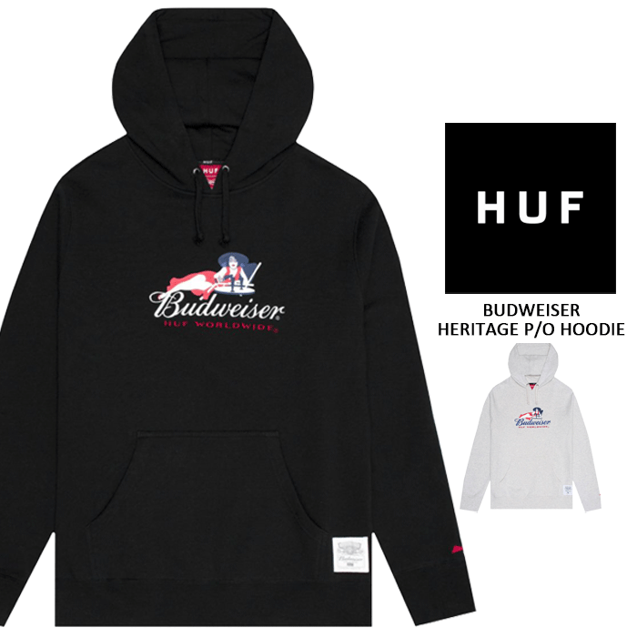 [ラスト1点/黒Sサイズのみ] ハフ × バドワイザー パーカー HUF BUDWEISER HERITAGE P/O HOODIE PF00138 プルオーバー フーディー ハフ スケート スケーター SB スケートボード 黒 ブラック ビール メンズ 男性