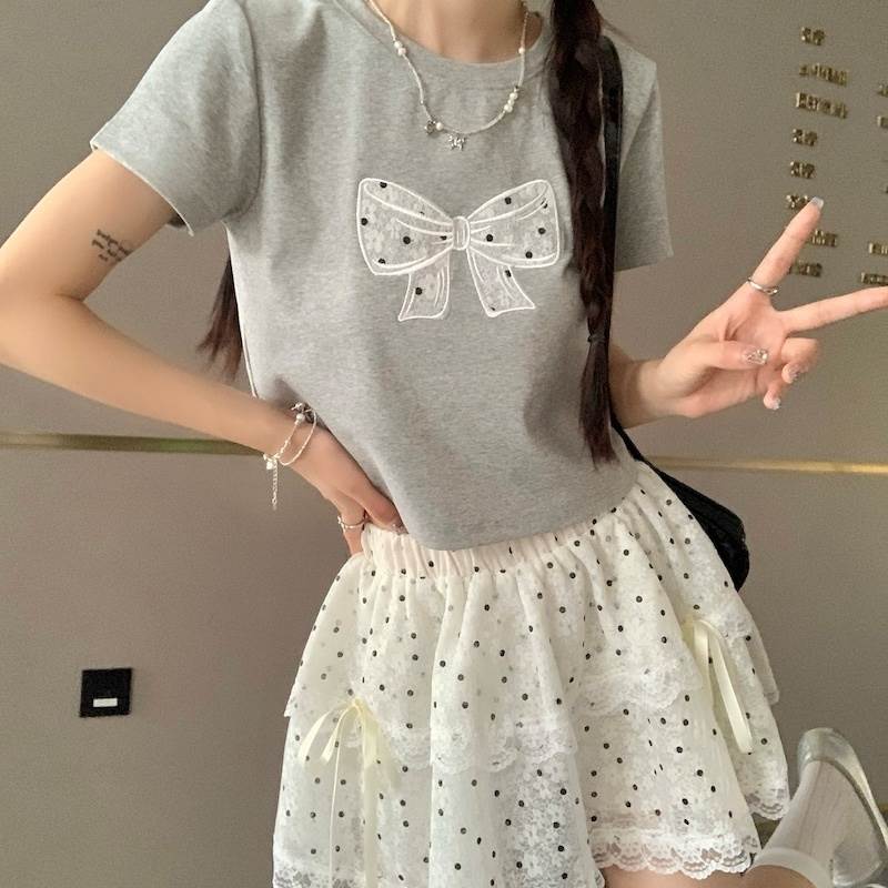 【送料無料】ラウンドネック 半袖 膝上 ミニ Tシャツ レーススカート フレアスカート スカパン セットアップ プルオーバー パンツ トップス