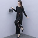 【送料無料】長袖 ロングパンツ リボン ライン 半袖 ワイドレッグ パンツ トップス カーディガン 3点セット セットアップ