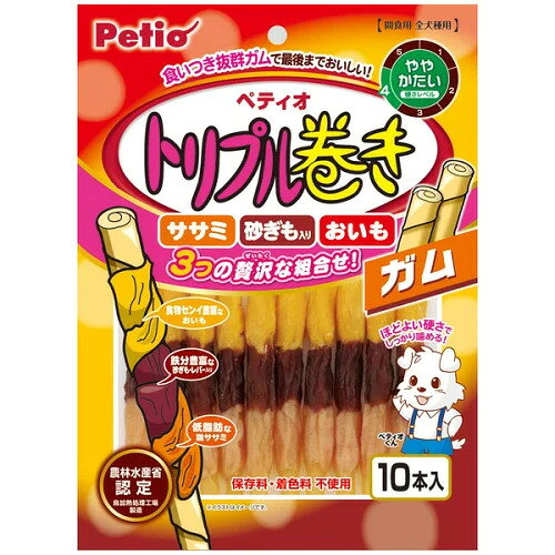■商品説明 ・3つの素材を使用した贅沢巻きガム！鶏ササミは、低脂肪で良質たん白質が豊富。 砂ぎもは、味わい深く鉄分が豊富！さつまいもは、食物センイ・甘みたっぷり！ ・鶏の旨味入りでおいしさアップした牛皮入りガムをしっかり噛むことで、ワンちゃんの歯と歯ぐきの健康維持に役立ちます。 ■ 内容量 10本 ■ 原材料(成分) 肉類(鶏ササミ・鶏・鶏レバー・鶏砂ぎも)、でんぷん類、さつまいも、たん白加水分解物、牛皮、大豆たん白、グリセリン、増粘安定剤(CMC・キサンタンガム)、pH調整剤、発色剤(亜硝酸Na) ■ 保証成分 たん白質13.5％以上、脂質0.5％以上、粗繊維1.0％以下、灰分3.5％以下、水分18.0％以下 ■ エネルギー 336kcal/100g ■ 給与方法 【給与量】 幼犬（生後6ヶ月～）：2本以内、超小型犬～5kg：2本以内、小型犬5kg～10kg：3本以内、中型犬10kg～20kg：6本以内、大型犬20kg～35kg：9本以内、超大型犬35kg～：12本以内 ■ 保管方法 ※直射日光・高温多湿の場所をさけて保存してください。 ※開封後は必ず封をして冷蔵庫で保存し、賞味期限に関わらずなるべく早くお与えください。 1歳未満の幼犬は消化器官が未発達なため、与えないでください。 犬の食べ方や習性によっては、のどに詰まらせることがありますので必ず観察しながらお与えください。 別記の与え方の給与量、および保存方法をお守りください。 子供がペットに与える場合は、大人が立ち会ってください。 幼児・子供・ペットのふれない所に保管してください。