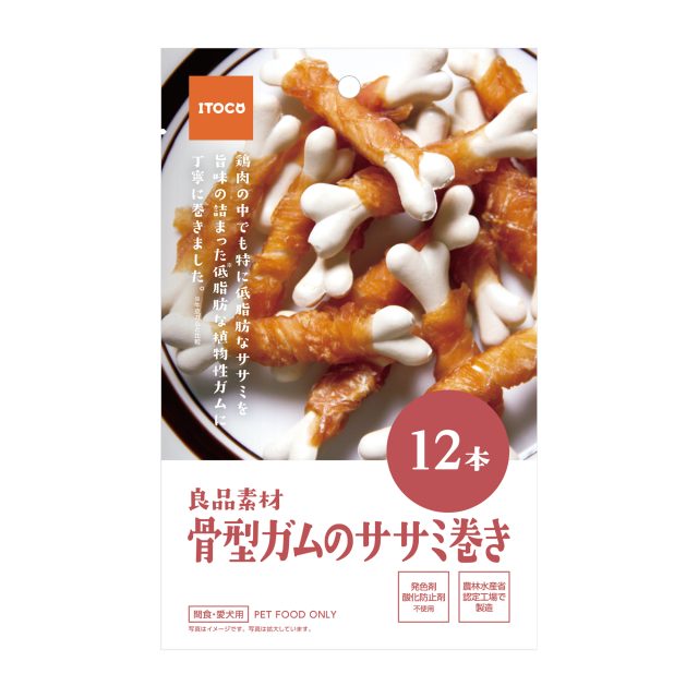 ■農林水産省認定工場で製造した、信頼の品質です。 ■良品素材ササミスナックは、ワンちゃんが大好きな鶏肉を風味豊かに仕上げた美味しいおやつです。 ■しつけのご褒美にも最適です。 ■特徴 鶏肉の中でも特に低脂肪なササミを旨味の詰まった低脂肪な植物性ガムに丁寧に巻きました。 発色剤、酸化防止剤不使用。 【原料】 肉類（鶏胸肉、鶏ササミ、鶏レバーエキス）、でん粉類（コーンスターチ、小麦澱粉）、大豆たん白、ピーナッツたん白、植物油脂、食塩、カルシウム、増粘安定剤（グリセリン、増粘多糖類、キサンタンガム）、着色料（二酸化チタン）、保存料（ソルビン酸カリウム、プロピオン酸カルシウム、デヒドロ酢酸ナトリウム） 【保証成分】 粗たんぱく質：30.0%以上・粗脂肪：0.2％以上・粗繊維：1.0 ％以下・粗灰分：15.0 ％以下・水分：15.0 ％以下