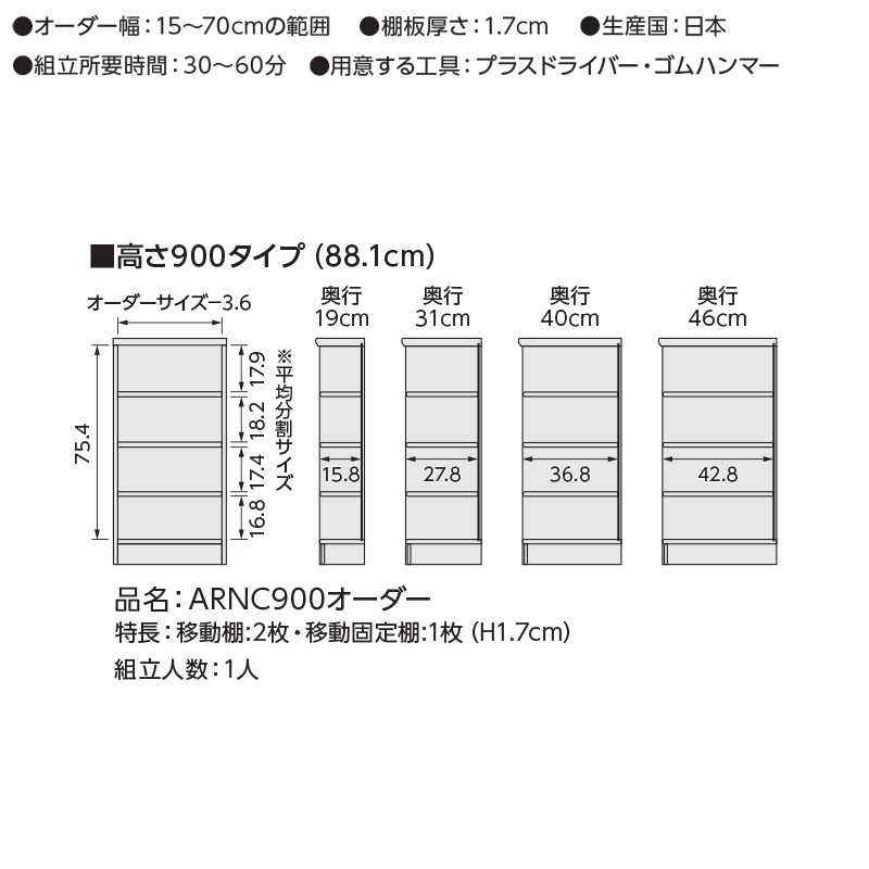 インテリアネット-C5の【先着8%OFFクーポン配布中★】 日本製 エースラック オーダーメイド (棚板 標準タイプ／奥行40cm ミディアムディープタイプ／幅60〜70cmオーダー／高さ88.1cm) オーダー ラック 本棚 書棚 オープンラック フリーラック コミック 収納 木製 大洋 Netc5｜アングル2