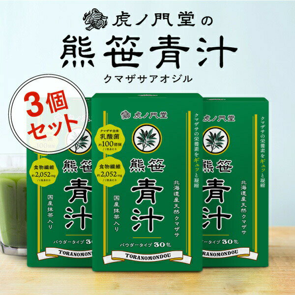 青汁が苦手な方にも「おいしい」と思っていただける青汁ができました。 虎ノ門堂の熊笹（クマザサ）青汁は、深い味わいの北海道産天然クマザサをベースに、香り高い抹茶を配合した粉末タイプの青汁製品です。 苦味がなく飲みやすいため、他の青汁がまずくて続かない方や、野菜が嫌いなお子さまにもおいしくお飲みいただけます。 古くから「万能植物」として知られ、漢方薬や民間生薬として使用されたり、葉でおにぎりや餅を包んで防腐・殺菌に用いられたりするなど、私たちの生活を支えてきたクマザサ。 その特長は、バランスのよい栄養成分と豊富な食物繊維です。 クマザサには、カルシウムやマグネシウム、鉄やビタミンなど、不足しがちな栄養成分がバランスよく含まれています。 さらに、食物繊維は大麦若葉の約1.5倍、明日葉・ケールの約1.8倍と、他の青汁素材と比較しても非常に豊富。 本品1杯で日本人の1日の食物繊維の摂取不足量である約2g（平成19年国民健康・栄養調査、2010年版日本人の食事摂取基準より）を摂ることができます。 その他、本品はクマザサ由来乳酸菌を1杯あたり約100億個配合しています。 「クマザサ」の名は、野生の熊が冬眠に入る前にクマザサを大量に食べ、目覚めて最初に食べるのもクマザサであることに由来しています。 栄養成分や食物繊維が豊富で、抗菌効果が高いことを、野生の熊は自然と知っているのです。 腸内環境が気になる方や、野菜不足や食事のバランスに気を配っている方におすすめの素材です。 虎ノ門堂のクマザサ青汁は、1本1本手作業で収穫した北海道の山中に自生する天然のクマザサを100%使用。安心安全にも自信があります。 分包スティックタイプなので、1日1包溶かして飲むだけ。毎日手軽に続けられるのもポイントです。 おいしいから続けられるクマザサ青汁。 アイスやホットの飲み物として、牛乳やヨーグルトに混ぜて、お子さまからご高齢の方まで、一年中おいしくお召し上がりいただけます。 【内容量】 90g（3g×30包）×3個 分包スティックタイプ 【使用方法】 1日1包を目安に、約100〜150mlの水またはぬるま湯でお召し上がりください。 お好みにより、牛乳・ヨーグルトなどに混ぜてもおいしくお召し上がりいただけます。 【原材料】 クマイザサ粉末（国内製造）、難消化性デキストリン、還元麦芽糖水飴、抹茶、乳酸菌粉末（デキストリン、乳酸菌粉末）（殺菌） 【栄養成分表示】 1包（3g）当たり エネルギー6.54kcal、たんぱく質0.18g、脂質0.06g、炭水化物2.53g、食塩相当量0.00003〜0.001g 【保存方法】 直射日光や高温多湿をさけて保存してください。 【ご注意】 ●原材料をご確認のうえ、食物アレルギーを心配される方はご利用をお 控えください。 ●体質や体調により体に合わないと感じられた場合は、ご利用を中止し、医師にご相談ください。 ●血液凝固抑制剤を摂取している方は、事前に医師・薬剤師にご相談ください。 ●本品は天産物を使用しておりますので、 収穫時期により色・風味が異なる場合がありますが、品質には問題ありません。 青汁 青汁 乳酸菌 青汁 乳酸菌 国産 熊笹 熊笹 青汁 クマ笹 クマザサ クマササ クマザサ青汁 美味しい青汁 国産青汁 広告文責 : 株式会社虎ノ門堂(0120-949-051) 販売業者名 : 株式会社虎ノ門堂 原産国 : 日本製 商品区分 : 健康食品