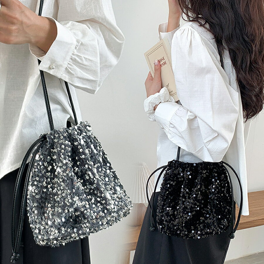 【先着10％OFFクーポン】スパンコールバッグ バッグ 斜めがけ ハンドバッグ トートバッグ ショルダーバッグ ショルダー 巾着 巾着バッグ レディース スパンコール オケージョン フォーマル 結婚式 大容量 シルバー ブラック ポイントバッグ スパンコール巾着バッグ