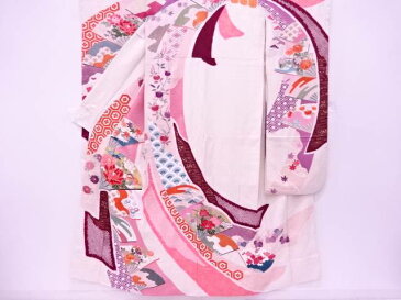 金箔絞り扇に草花・古典柄模様刺繍振袖【リサイクル】【中古】