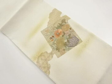 未使用品　汕頭蘇州刺繍　色紙に菊・椿模様袋帯【リサイクル】【中古】