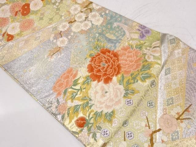 孔雀に牡丹・桜模様織出し袋帯【リサイクル】【中古】