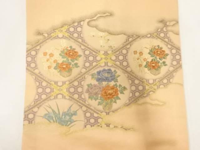 格天井に牡丹・梅模様織出し名古屋帯【リサイクル】【中古】