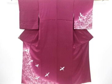 草花に群鶴模様刺繍訪問着【リサイクル】【中古】