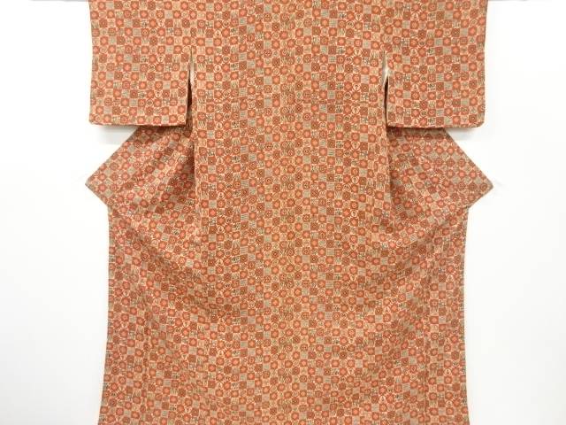 縮緬地型染格子に土筆・柿・波模様小紋着物【リサイクル】【中古】
