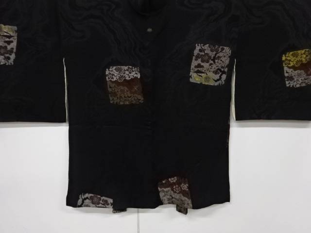 漆破れ色紙に枝梅・花鳥模様織出し一ツ紋羽織【大正ロマン】【中古】