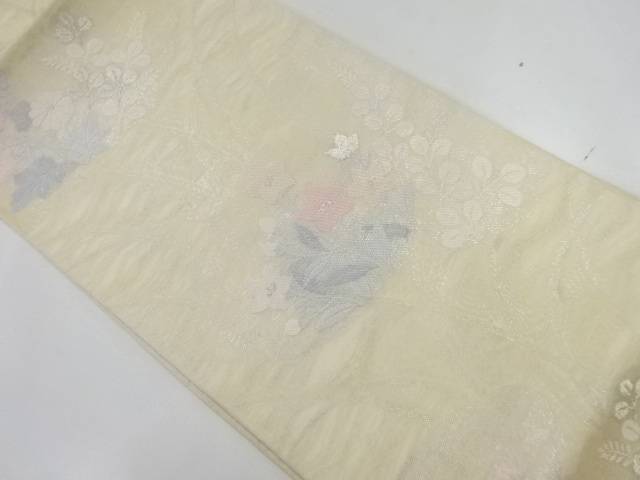 紗 秋草模様織出し袋帯【リサイクル】【中古】【着】