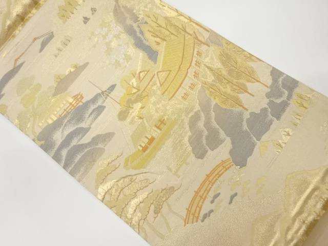 純金二重箔家屋に木々・山並み風景模様織出し袋帯【リサイクル】【中古】【着】(prc)