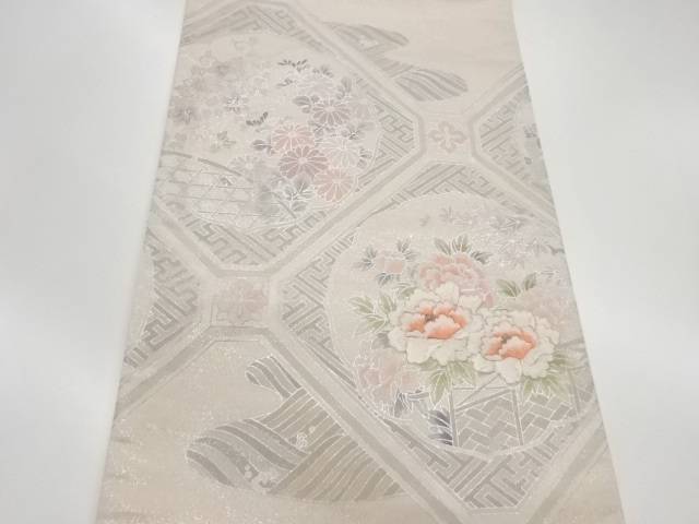 銀彩蜀江文に波・花々模様刺繍袋帯【リサイクル】【中古】【着】