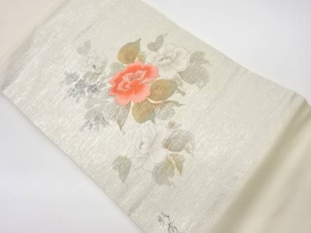 彩秀作 手描き花模様刺繍名古屋帯【リサイクル】【中古】【着】(prc)