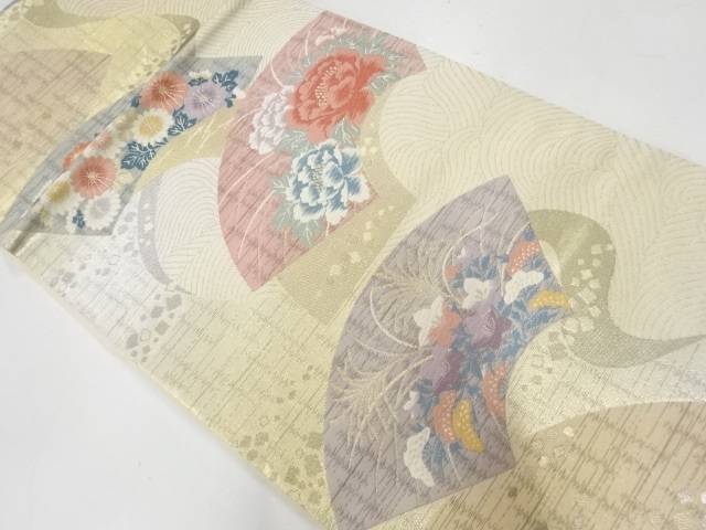 地紙に牡丹・秋草模様織出し袋帯【リサイクル】【中古】【着】(prc)
