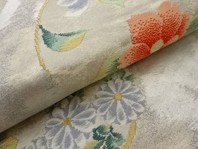 丸文に菊・椿・葡萄唐草模様織出し名古屋帯【リサイクル】【中古】【着】(prc)