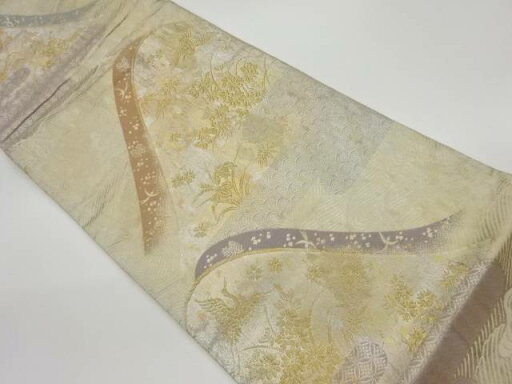 山並みに鶴・草花模様織出し袋帯【リサイクル】【中古】【着】(prc) 山並みに鶴・草花模様織出し袋帯【リサイクル】【中古】【着】(prc)