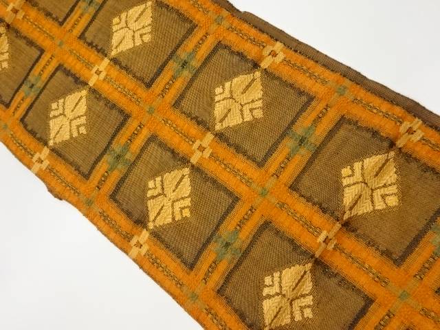 手織り紬格子に菱模様織出し名古屋帯【リサイクル】【中古】【着】(prc)【sp_off】