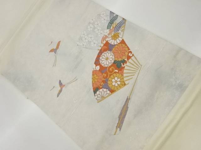 扇子に鶴・菊唐草模様織出し開き名古屋帯(額縁仕立て)【リサイクル】【中古】【着】(prc)