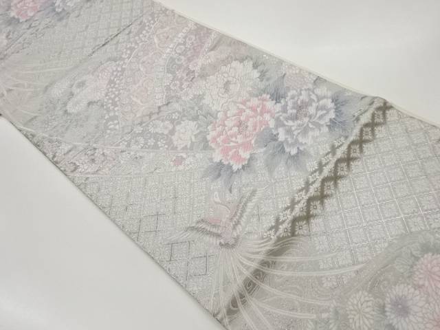 九百錦プラチナ二重箔草花に鳳凰模様織出し袋帯【リサイクル】【中古】【着】(prc)(4)