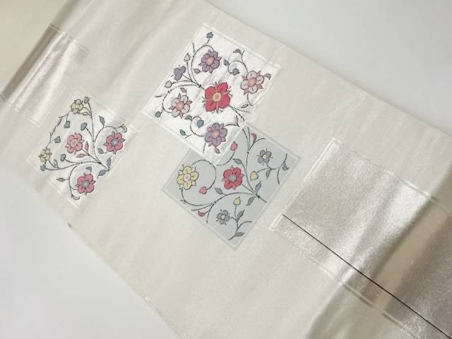 色紙に草花模様織出し名古屋帯【リサイクル】【中古】【着】(prc)