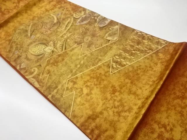 金彩松皮菱に草花・抽象模様袋帯【リサイクル】【中古】【着】(prc)