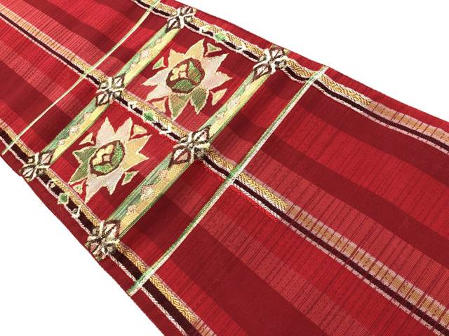 じゅらく製　格子に花模様織出し名古屋帯【リサイクル】【中古】【着】(prc)