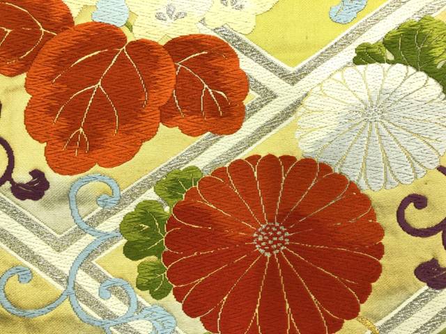 桐唐草・菊唐草模様織出し名古屋帯【アンティーク】【中古】【着】(prc)