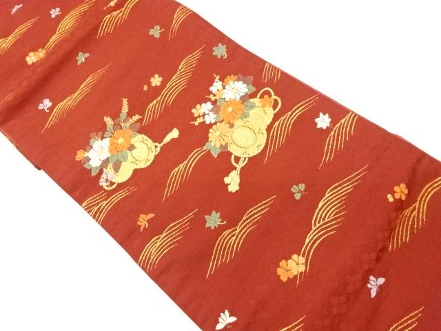 鼓に花々・波模様織出し袋帯【リサイクル】【中古】【着】(prc)