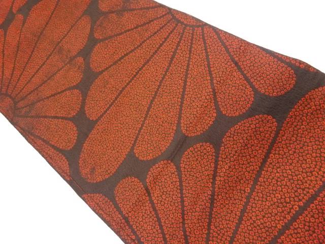 菊に鹿の子模様織出し全通袋帯（材料）【アンティーク】【中古】【着】(prc)