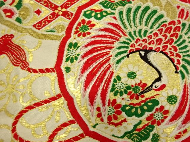 手織り鶴に松・梅・華文織出し名古屋帯【アンティーク】【中古】【着】(prc)