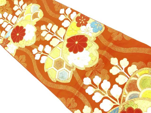 桐に花・亀甲模様織出し袋帯(着用可)【アンティーク】【中古】【着】(prc)
