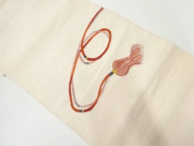 手織り紬組紐模様織出し名古屋帯【アンティーク】【中古】【着】(prc)