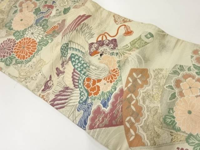 アンティーク　鳳凰に菊・草花模様織出し名古屋帯（材料）【Pnt】