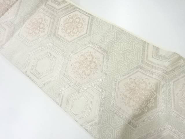 亀甲に華紋模様織出し袋帯(材料)【アンティーク】【中古】【着】(prc)