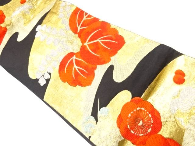 霞に桐・枝梅模様織出し袋帯(材料)【アンティーク】【中古】【着】(prc)
