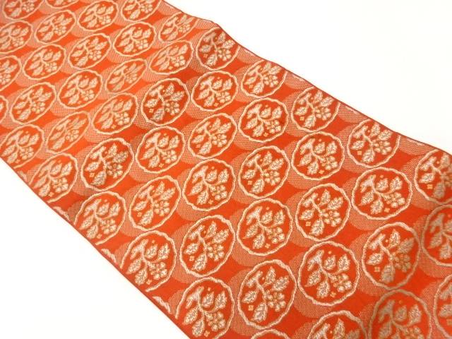 円に草花模様織出し全通袋帯(材料)【アンティーク】【中古】【着】【sp_off】