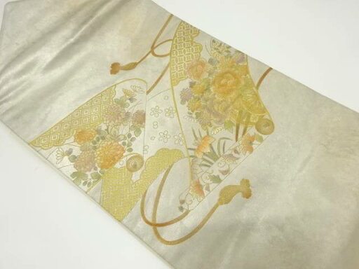 銀泥箔 巻物に花車模様名古屋帯【リサイクル】【中古】【着】 銀泥箔 巻物に花車模様名古屋帯【リサイクル】【中古】【着】