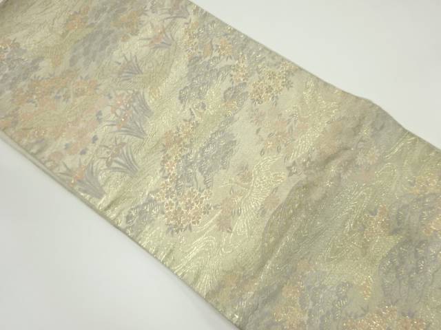 流水に鶴・花模様織り出し袋帯（材料）【アンティーク】【中古】【着】