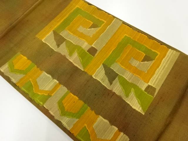 手織り紬幾何学模様織出し開き名古屋帯(額縁仕立て)【リサイクル】【中古】【着】