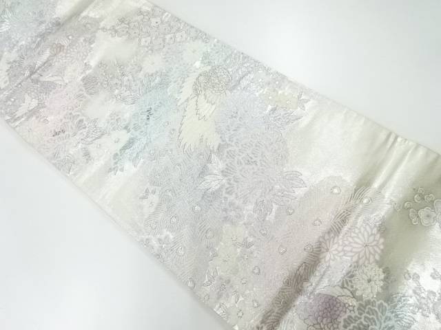 孔雀に枝梅・菊模様織出し袋帯(材料)【アンティーク】【中古】【着】