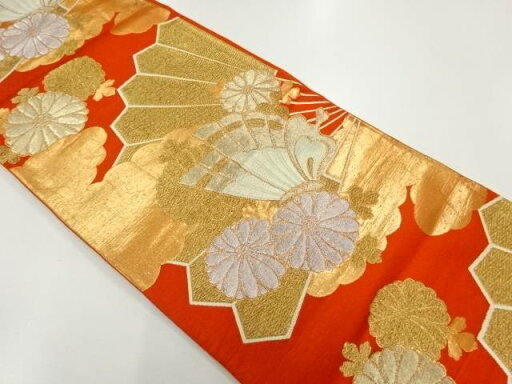 扇に花蝶模様織出し袋帯(着用可)【アンティーク】【中古】【着】 扇に花蝶模様織出し袋帯(着用可)【アンティーク】【中古】【着】