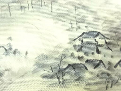 塩瀬家屋風景模様名古屋帯【アンティーク】【中古】【着】 塩瀬家屋風景模様名古屋帯【アンティーク】【中古】【着】