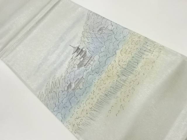 引箔手描き寺院に草木風景模様袋帯【リサイクル】【中古】【着】
