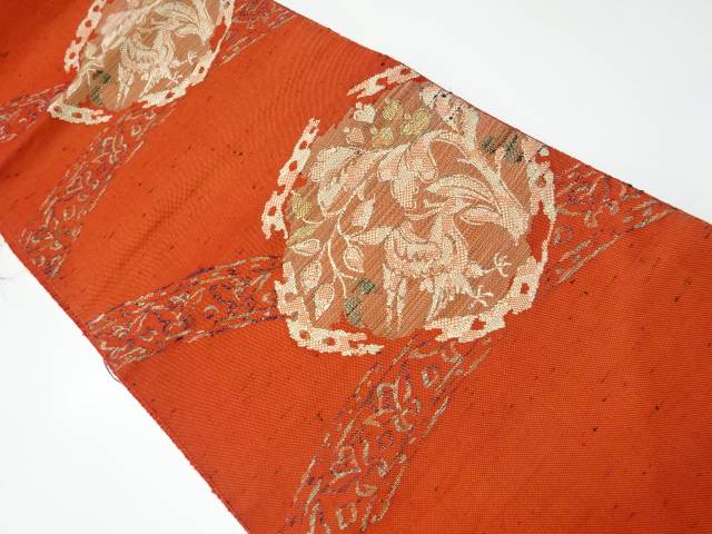 樹木・鳥模様織り出し紬名古屋帯【リサイクル】【中古】【着】