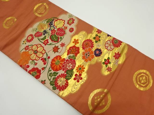 雲取りに桐菊模様織出し名古屋帯【アンティーク】【中古】【着】