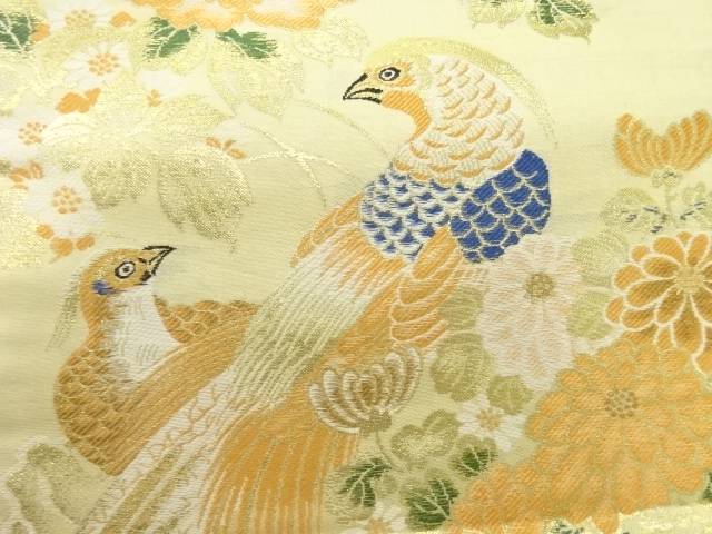 尾長鶏に牡丹・菊模様織出し名古屋帯【アンティーク】【中古】【着】